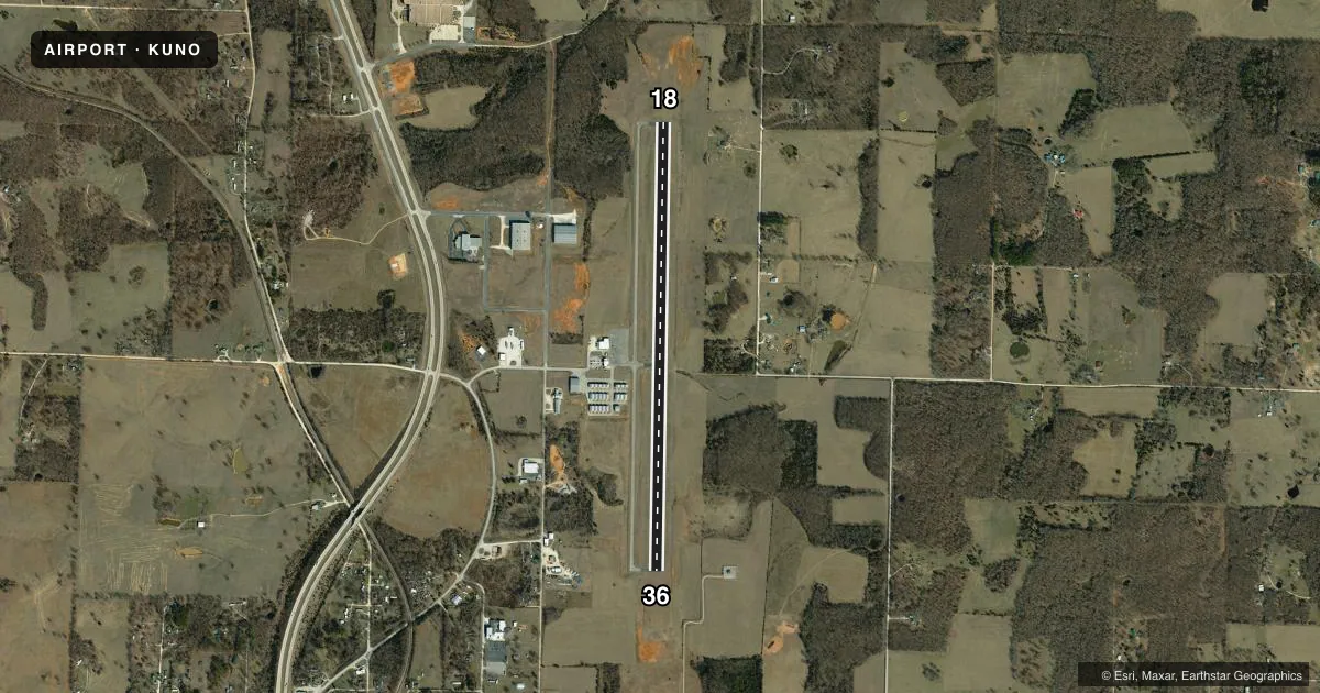 Top-down satellite sketch of KUNO WEST PLAINS RGNL in WEST PLAINS, MISSOURI, showing runways 18/36 drawn to scale over Esri World Imagery