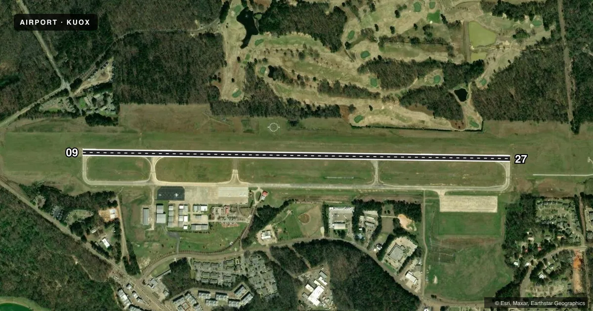Top-down satellite sketch of KUOX UNIVERSITY-OXFORD in OXFORD, MISSISSIPPI, showing runways 09/27 drawn to scale over Esri World Imagery