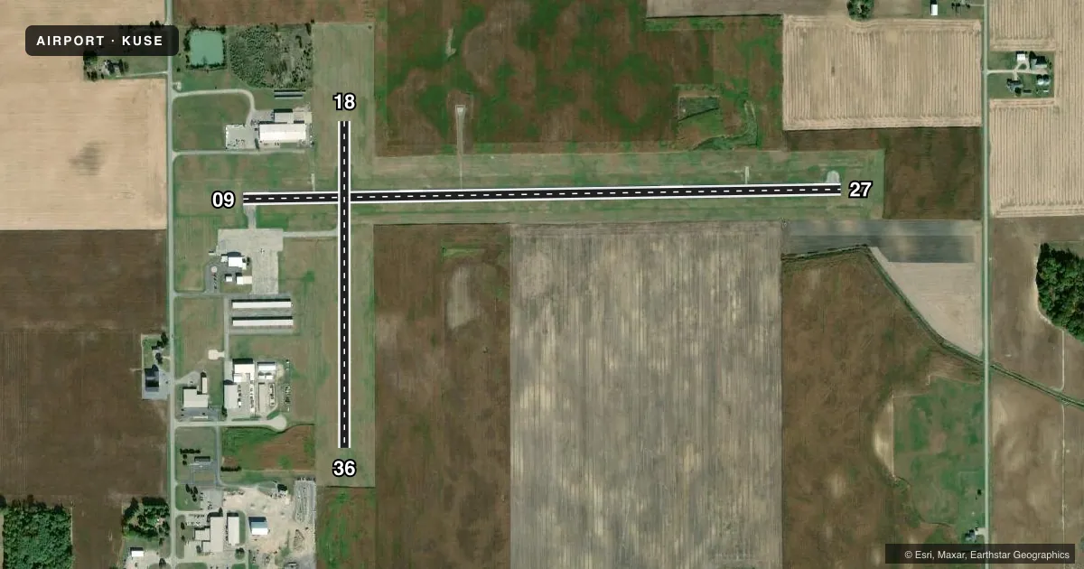 Top-down satellite sketch of KUSE FULTON COUNTY in WAUSEON, OHIO, showing runways 09/27, 18/36 drawn to scale over Esri World Imagery