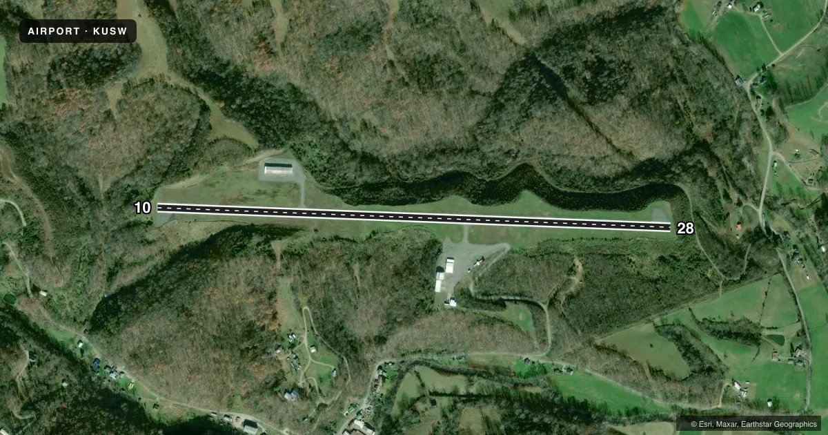 Top-down satellite sketch of KUSW BOGGS FLD in SPENCER, WEST VIRGINIA, showing runways 10/28 drawn to scale over Esri World Imagery