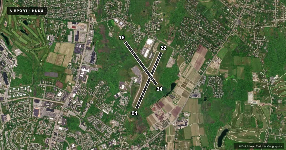 Top-down satellite sketch of KUUU NEWPORT STATE in NEWPORT, RHODE ISLAND, showing runways 04/22, 16/34 drawn to scale over Esri World Imagery