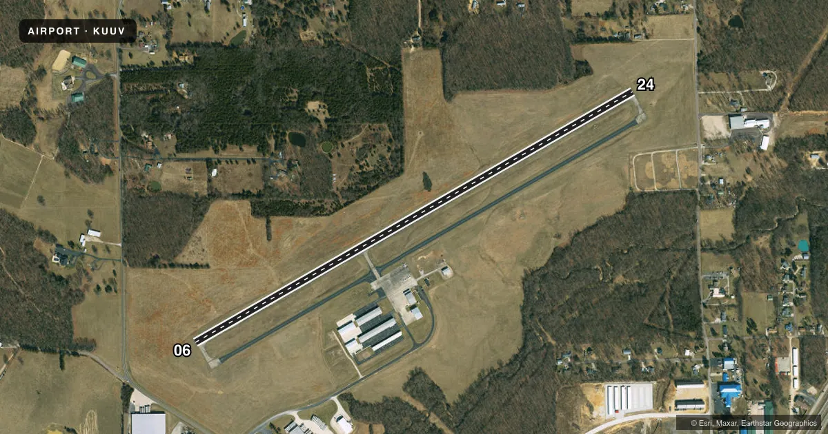 Top-down satellite sketch of KUUV SULLIVAN RGNL in SULLIVAN, MISSOURI, showing runways 06/24 drawn to scale over Esri World Imagery