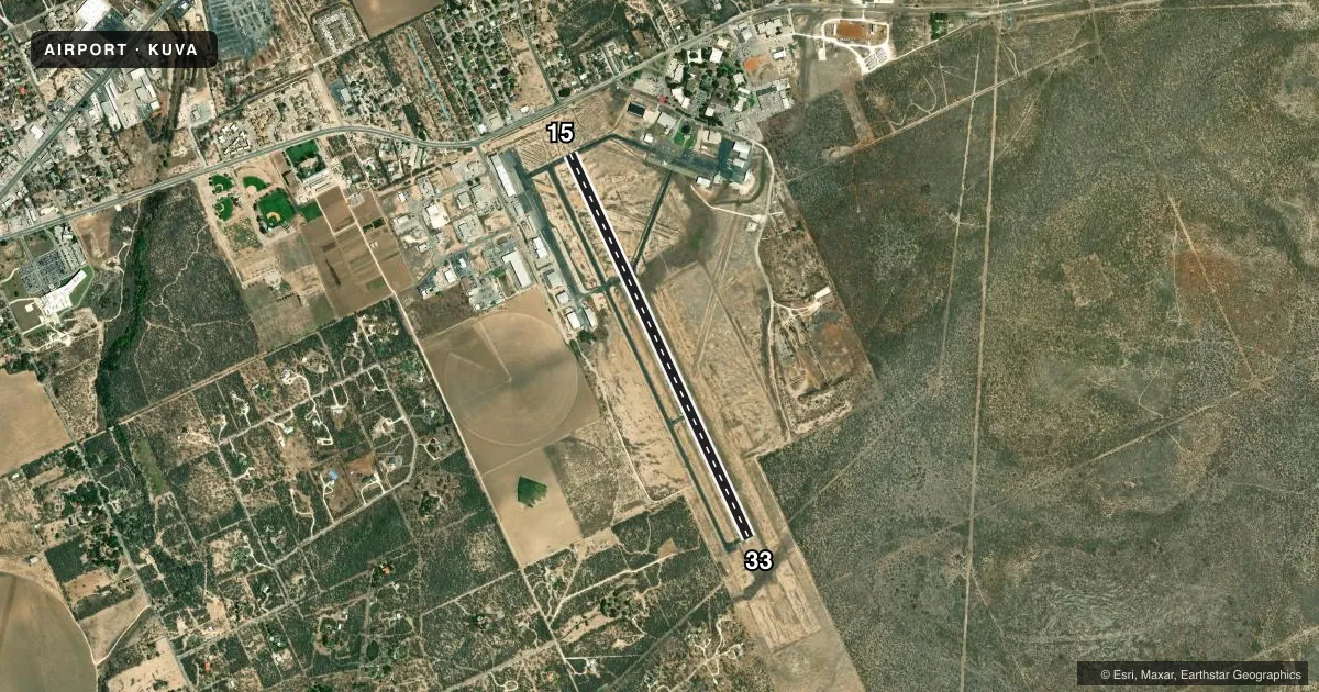 Top-down satellite sketch of KUVA GARNER FLD in UVALDE, TEXAS, showing runways 15/33 drawn to scale over Esri World Imagery