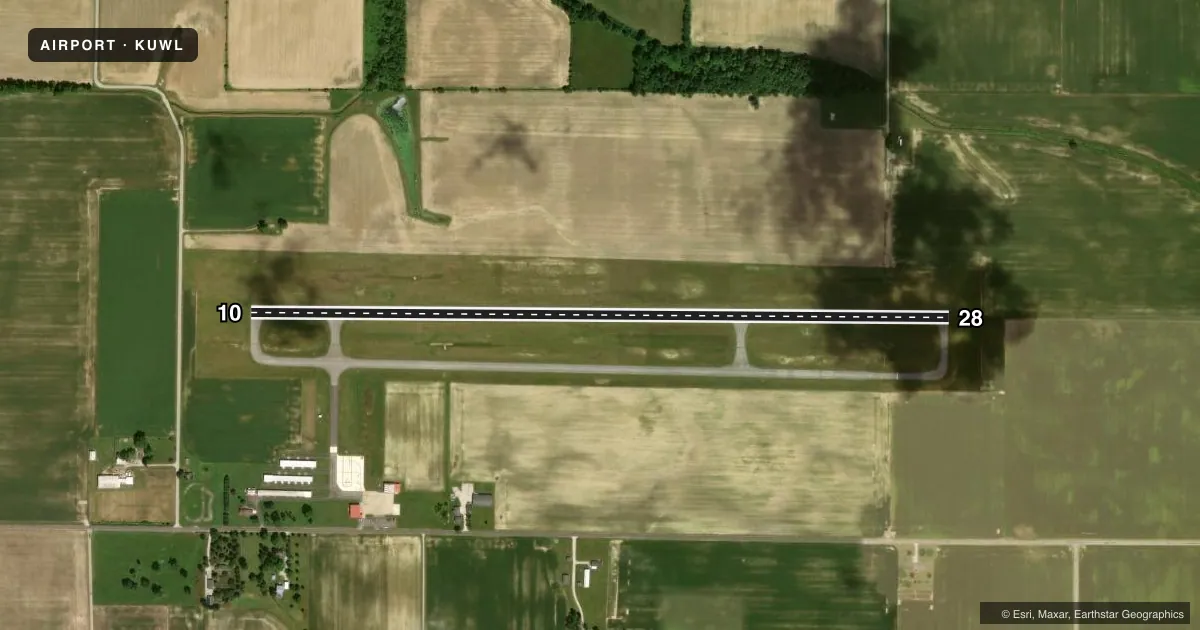 Top-down satellite sketch of KUWL NEW CASTLE HENRY COUNTY MARLATT FLD in NEW CASTLE, INDIANA, showing runways 10/28 drawn to scale over Esri World Imagery