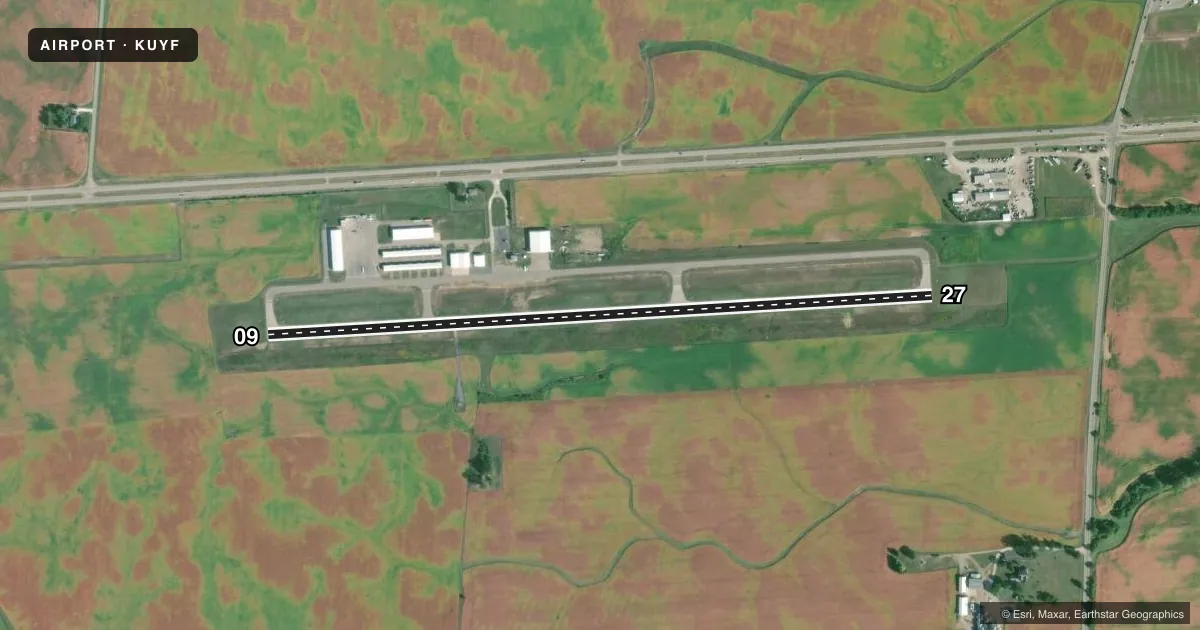 Top-down satellite sketch of KUYF MADISON COUNTY in LONDON, OHIO, showing runways 09/27 drawn to scale over Esri World Imagery