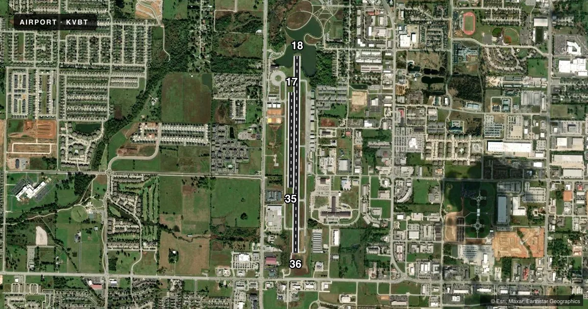 Top-down satellite sketch of KVBT BENTONVILLE MUNI/LOUISE M THADEN FLD in BENTONVILLE, ARKANSAS, showing runways 18/36, 17/35 drawn to scale over Esri World Imagery