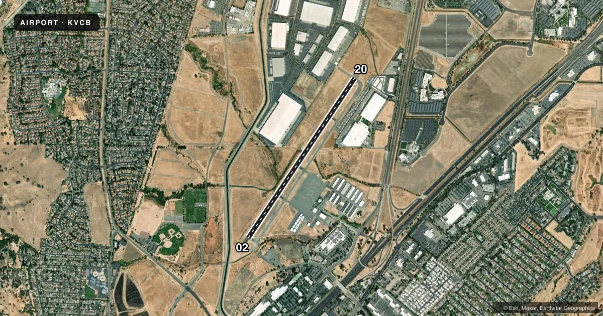 Top-down satellite sketch of KVCB NUT TREE in VACAVILLE, CALIFORNIA, showing runways 02/20 drawn to scale over Esri World Imagery