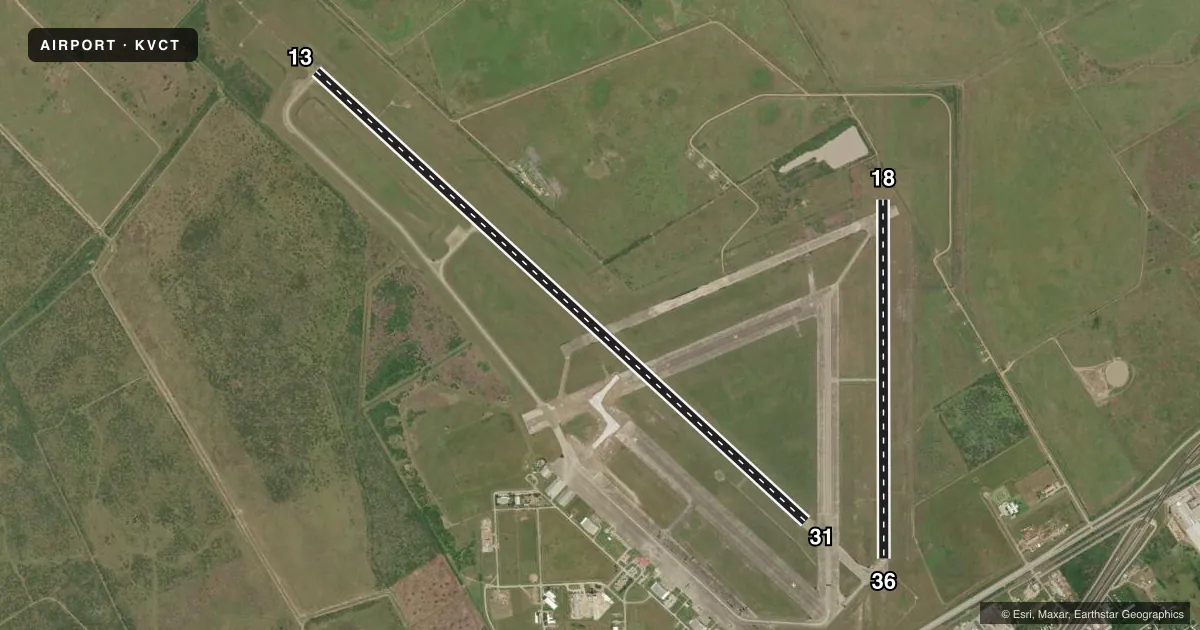 Top-down satellite sketch of KVCT VICTORIA RGNL in VICTORIA, TEXAS, showing runways 13/31, 18/36 drawn to scale over Esri World Imagery