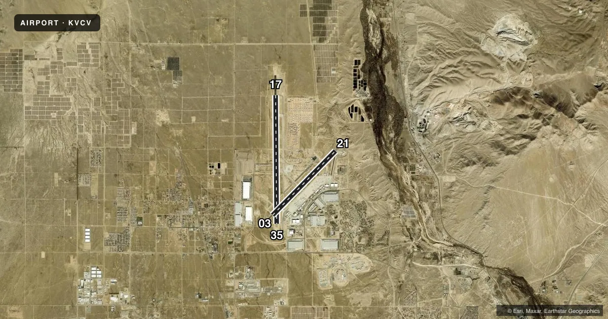 Top-down satellite sketch of KVCV SOUTHERN CALIFORNIA LOGISTICS in VICTORVILLE, CALIFORNIA, showing runways 17/35, 03/21 drawn to scale over Esri World Imagery