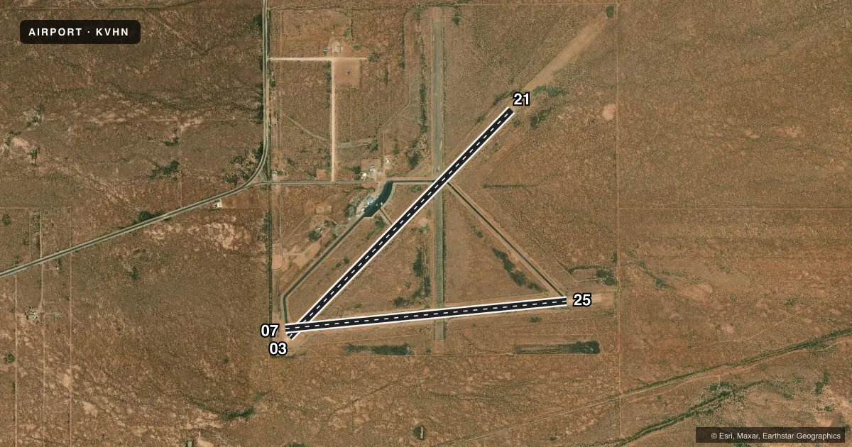 Top-down satellite sketch of KVHN CULBERSON COUNTY in VAN HORN, TEXAS, showing runways 03/21, 07/25 drawn to scale over Esri World Imagery