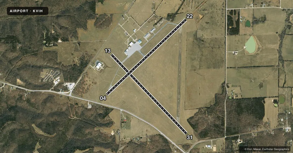 Top-down satellite sketch of KVIH ROLLA NTL in ROLLA/VICHY, MISSOURI, showing runways 13/31, 04/22 drawn to scale over Esri World Imagery