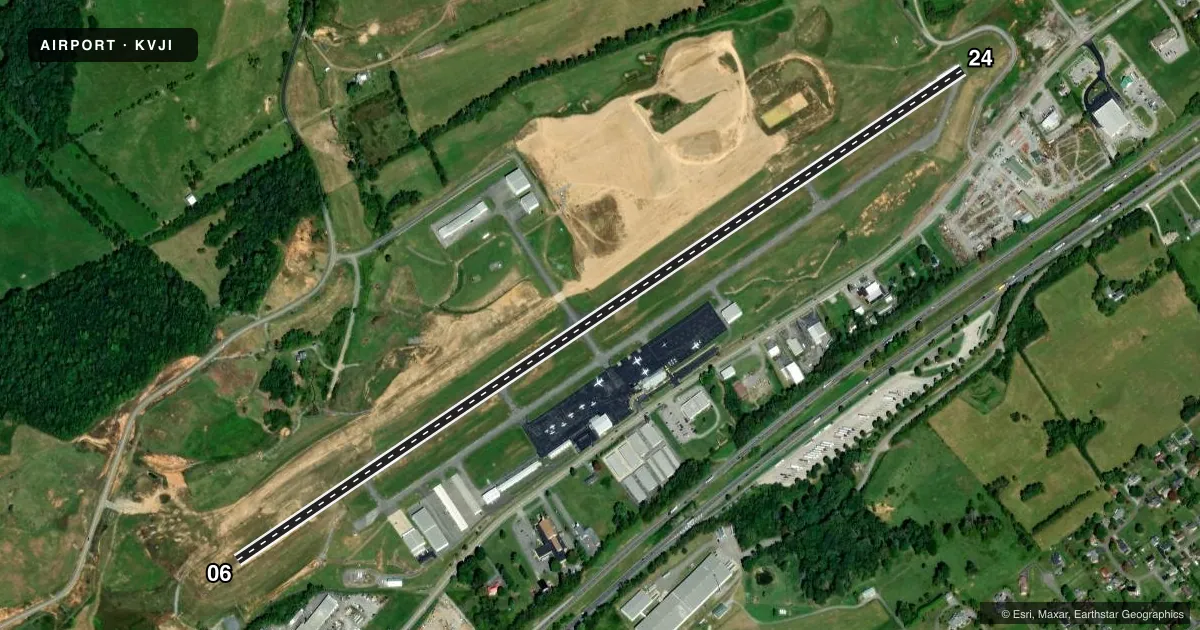 Top-down satellite sketch of KVJI VIRGINIA HIGHLANDS in ABINGDON, VIRGINIA, showing runways 06/24 drawn to scale over Esri World Imagery