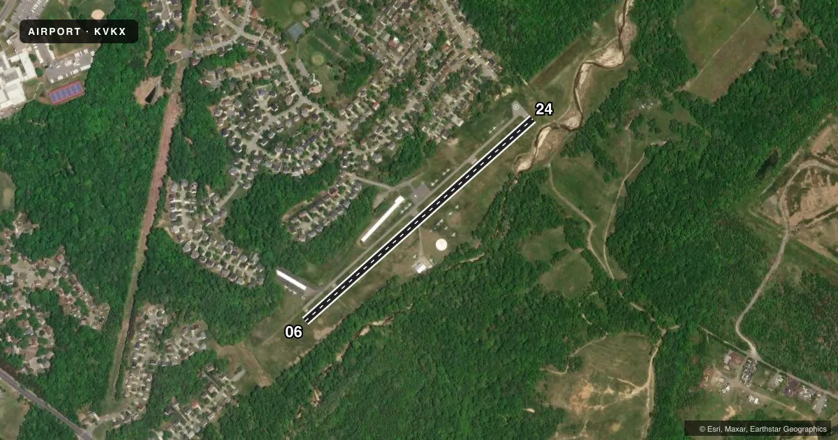 Top-down satellite sketch of KVKX POTOMAC AIRFIELD in FRIENDLY, MARYLAND, showing runways 06/24 drawn to scale over Esri World Imagery
