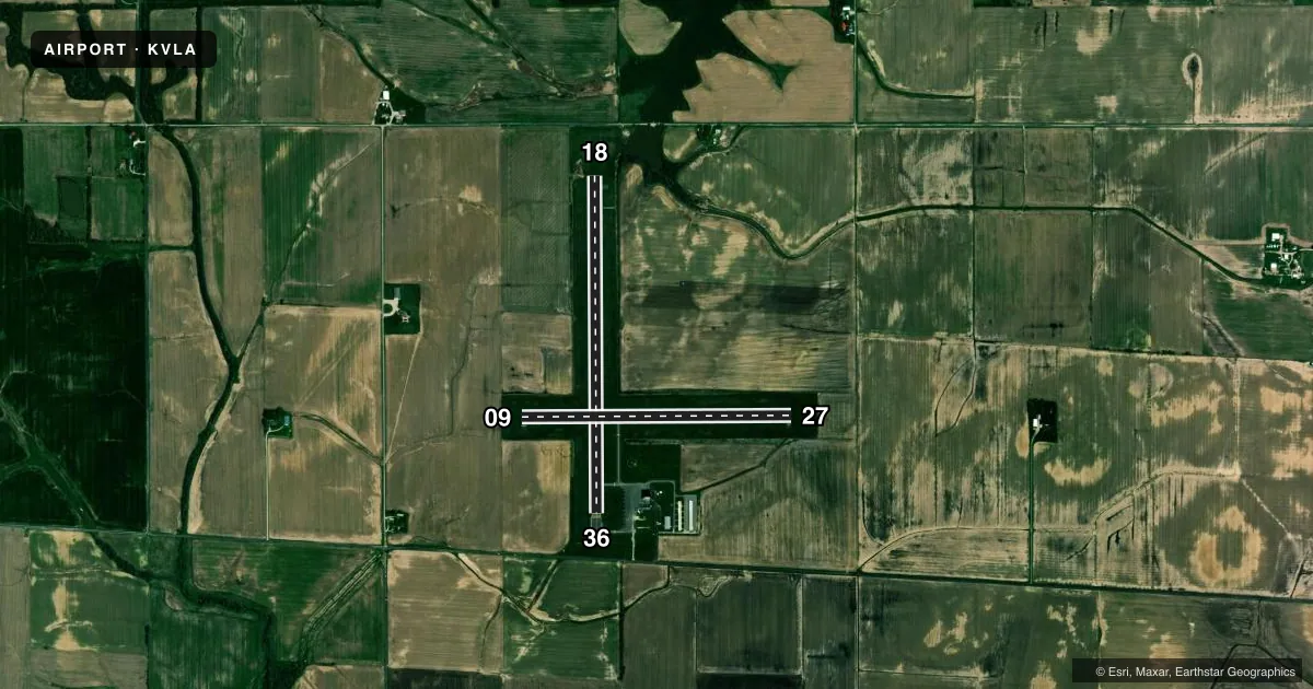 Top-down satellite sketch of KVLA VANDALIA MUNI in VANDALIA, ILLINOIS, showing runways 18/36, 09/27 drawn to scale over Esri World Imagery