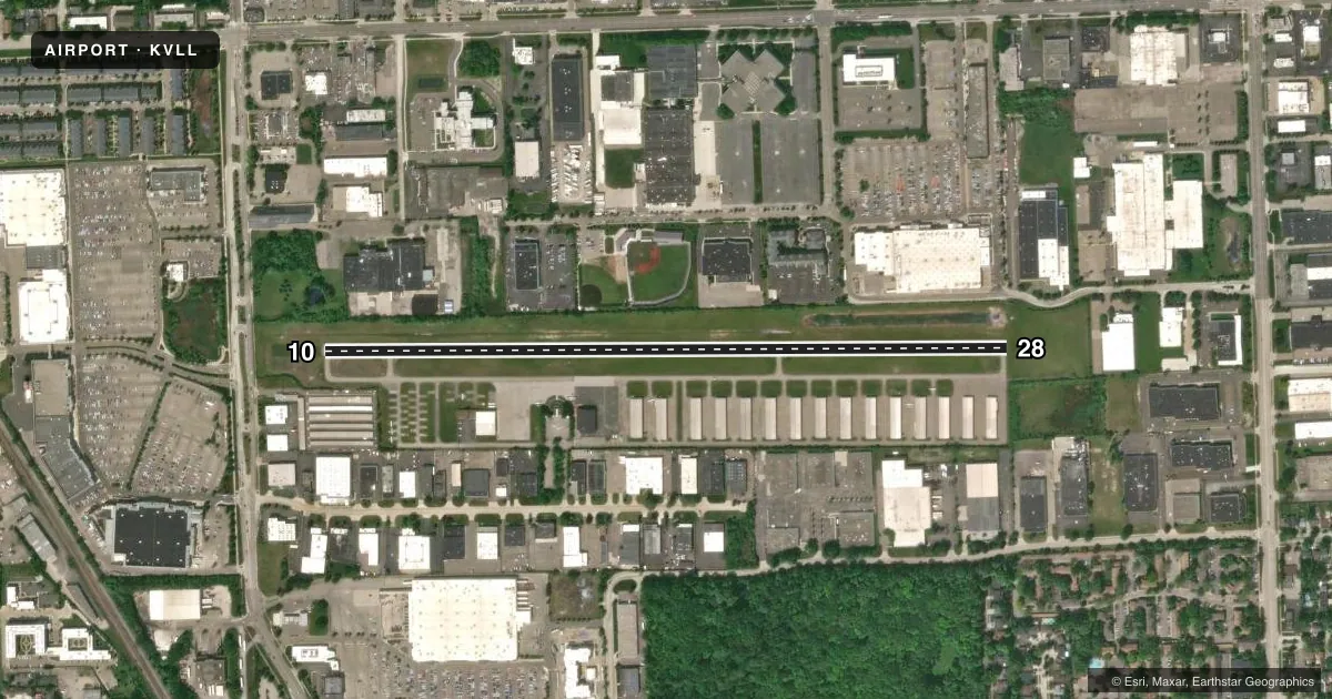 Top-down satellite sketch of KVLL OAKLAND/TROY in TROY, MICHIGAN, showing runways 10/28 drawn to scale over Esri World Imagery