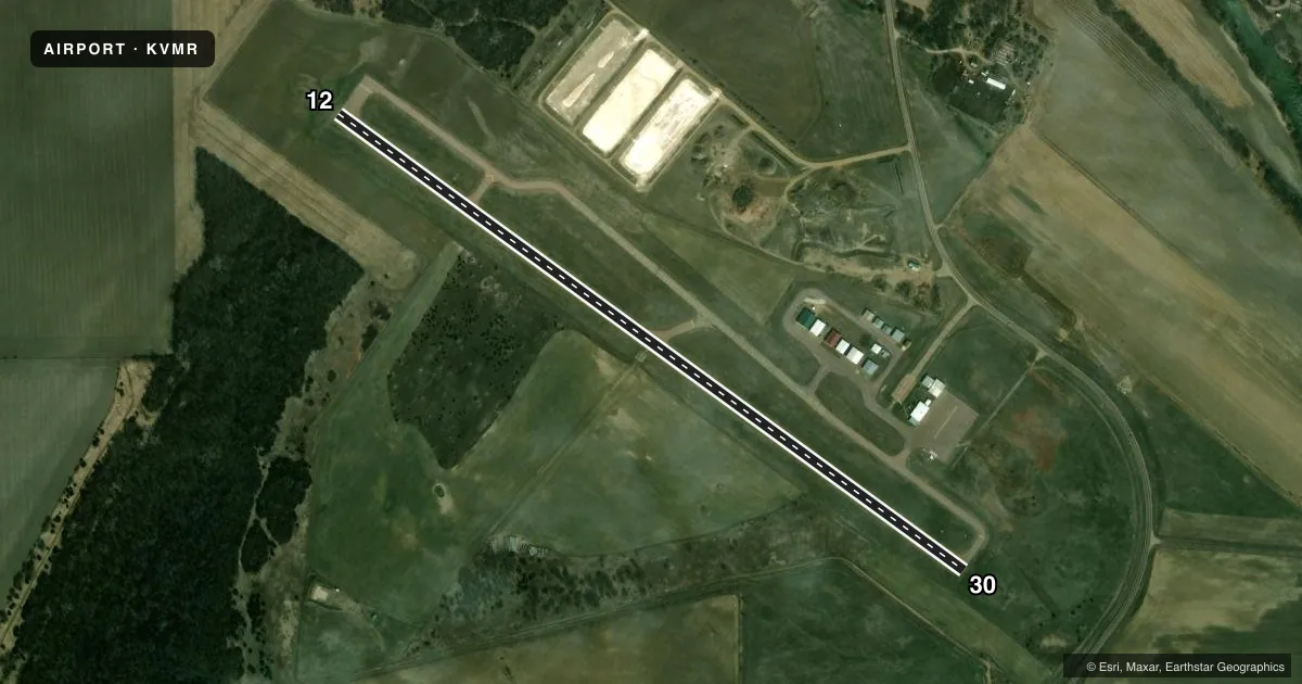 Top-down satellite sketch of KVMR HAROLD DAVIDSON FLD in VERMILLION, SOUTH DAKOTA, showing runways 12/30 drawn to scale over Esri World Imagery
