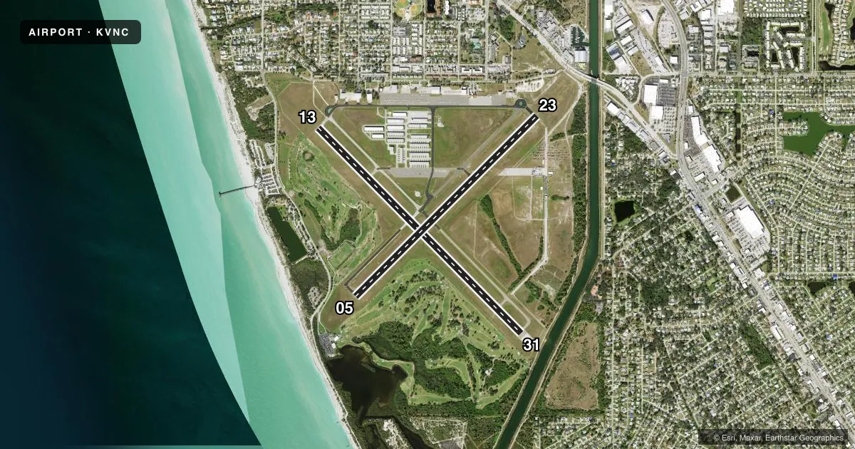 Top-down satellite sketch of KVNC VENICE MUNI in VENICE, FLORIDA, showing runways 13/31, 05/23 drawn to scale over Esri World Imagery