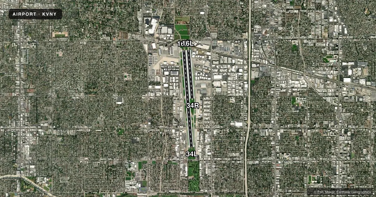 Top-down satellite sketch of KVNY VAN NUYS in VAN NUYS, CALIFORNIA, showing runways 16R/34L, 16L/34R drawn to scale over Esri World Imagery