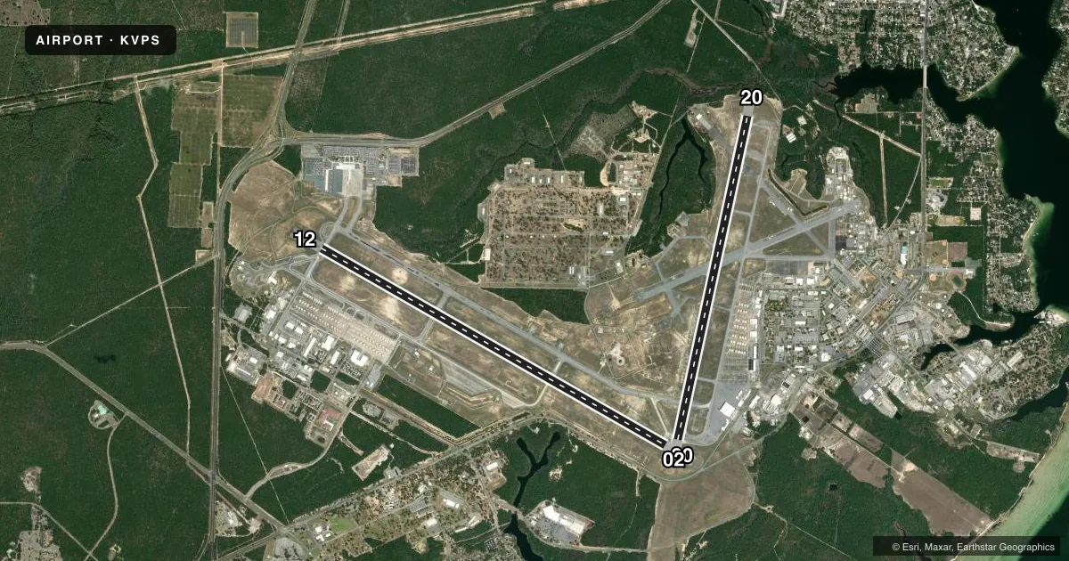 Top-down satellite sketch of KVPS EGLIN AFB/DESTIN-FT WALTON BEACH in VALPARAISO/DESTIN-FT WALTON BEACH, FLORIDA, showing runways 12/30, 02/20 drawn to scale over Esri World Imagery