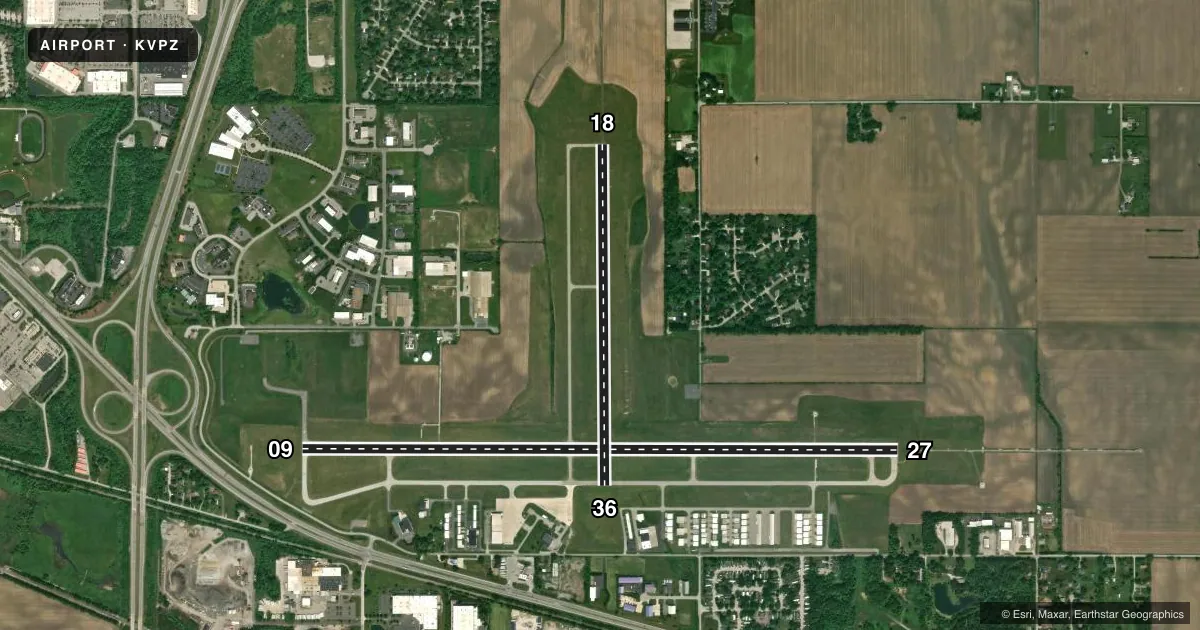 Top-down satellite sketch of KVPZ PORTER COUNTY RGNL in VALPARAISO, INDIANA, showing runways 09/27, 18/36 drawn to scale over Esri World Imagery