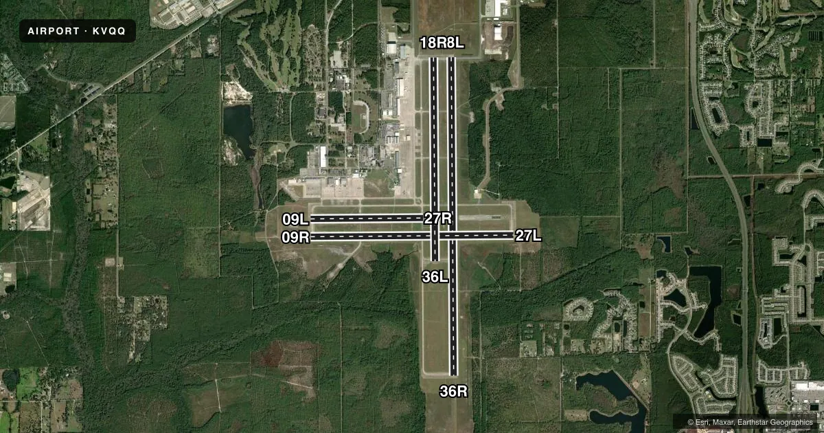 Top-down satellite sketch of KVQQ CECIL in JACKSONVILLE, FLORIDA, showing runways 18L/36R, 09R/27L, 18R/36L, 09L/27R drawn to scale over Esri World Imagery