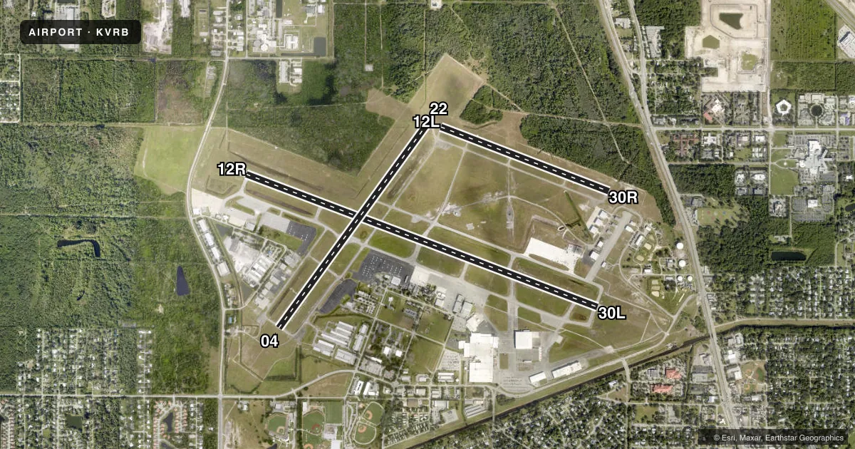 Top-down satellite sketch of KVRB VERO BEACH RGNL in VERO BEACH, FLORIDA, showing runways 12R/30L, 04/22, 12L/30R drawn to scale over Esri World Imagery