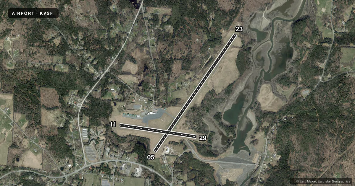 Top-down satellite sketch of KVSF HARTNESS STATE (SPRINGFIELD) in SPRINGFIELD, VERMONT, showing runways 05/23, 11/29 drawn to scale over Esri World Imagery