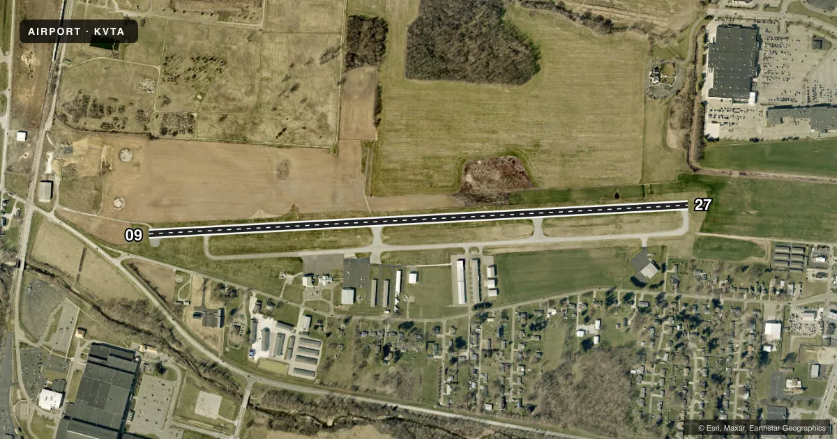 Top-down satellite sketch of KVTA LICKING COUNTY RGNL in NEWARK, OHIO, showing runways 09/27 drawn to scale over Esri World Imagery