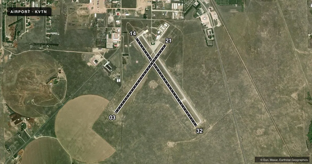 Top-down satellite sketch of KVTN MILLER FLD in VALENTINE, NEBRASKA, showing runways 14/32, 03/21 drawn to scale over Esri World Imagery
