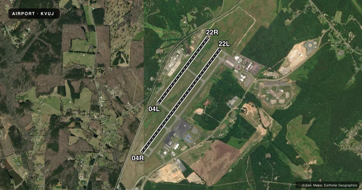 Top-down satellite sketch of KVUJ STANLY COUNTY in ALBEMARLE, NORTH CAROLINA, showing runways 04R/22L, 04L/22R drawn to scale over Esri World Imagery