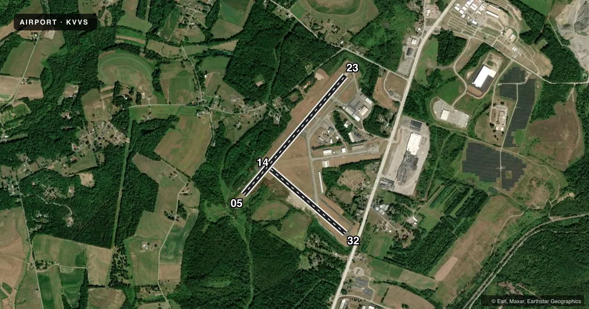 Top-down satellite sketch of KVVS JOSEPH A HARDY CONNELLSVILLE in CONNELLSVILLE, PENNSYLVANIA, showing runways 05/23, 14/32 drawn to scale over Esri World Imagery