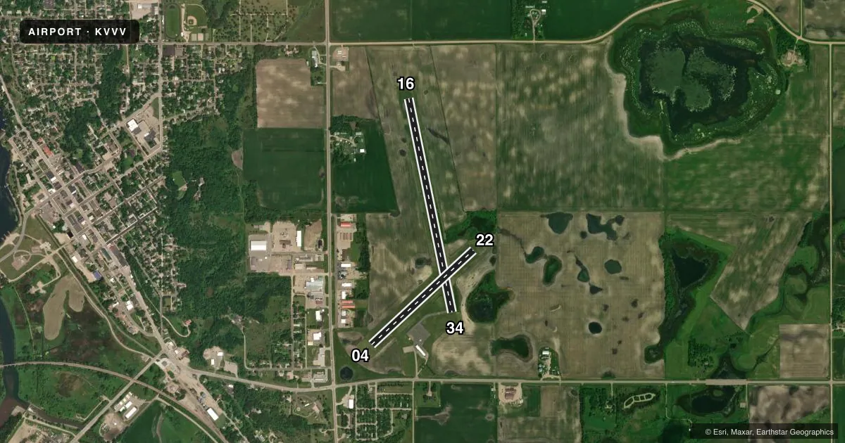 Top-down satellite sketch of KVVV ORTONVILLE MUNI/MARTINSON FLD in ORTONVILLE, MINNESOTA, showing runways 16/34, 04/22 drawn to scale over Esri World Imagery