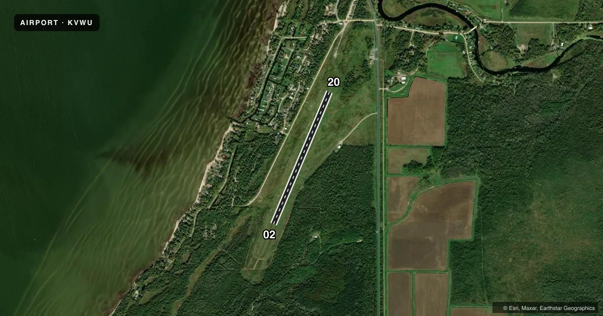 Top-down satellite sketch of KVWU WASKISH MUNI in WASKISH, MINNESOTA, showing runways 02/20 drawn to scale over Esri World Imagery