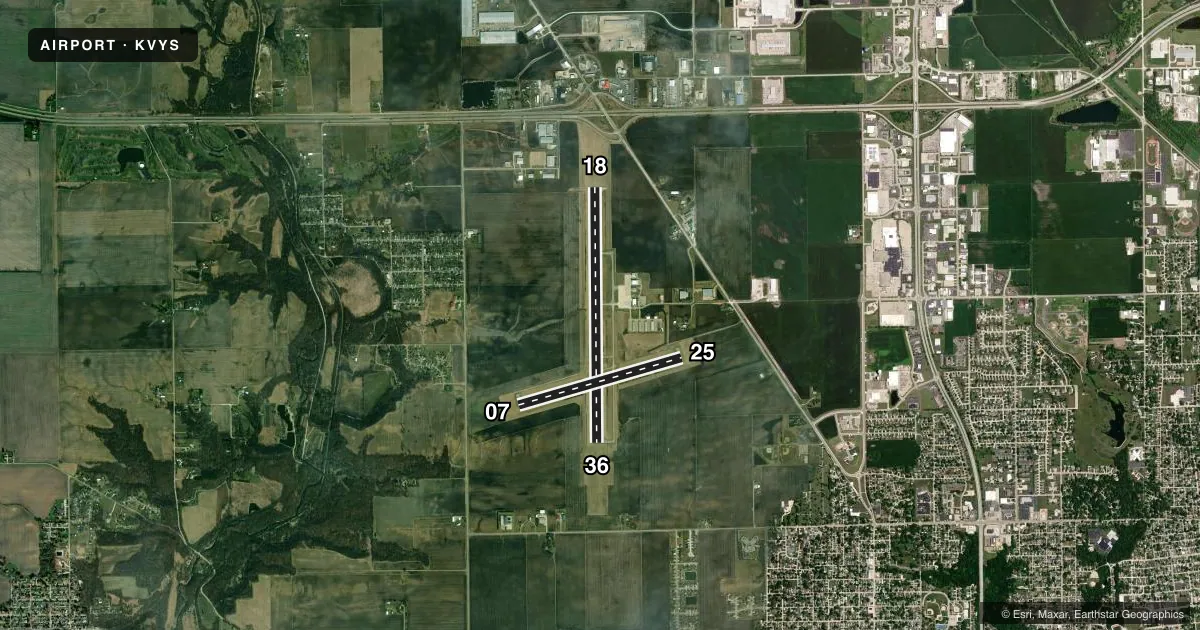 Top-down satellite sketch of KVYS ILLINOIS VALLEY RGNL-WALTER A DUNCAN FLD in PERU, ILLINOIS, showing runways 18/36, 07/25 drawn to scale over Esri World Imagery