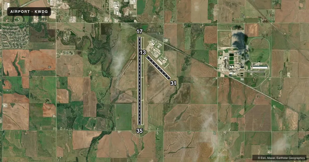 Top-down satellite sketch of KWDG ENID WOODRING RGNL in ENID, OKLAHOMA, showing runways 17/35, 13/31 drawn to scale over Esri World Imagery