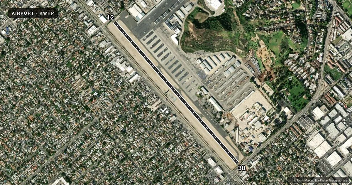 Top-down satellite sketch of KWHP WHITEMAN in LOS ANGELES, CALIFORNIA, showing runways 12/30 drawn to scale over Esri World Imagery