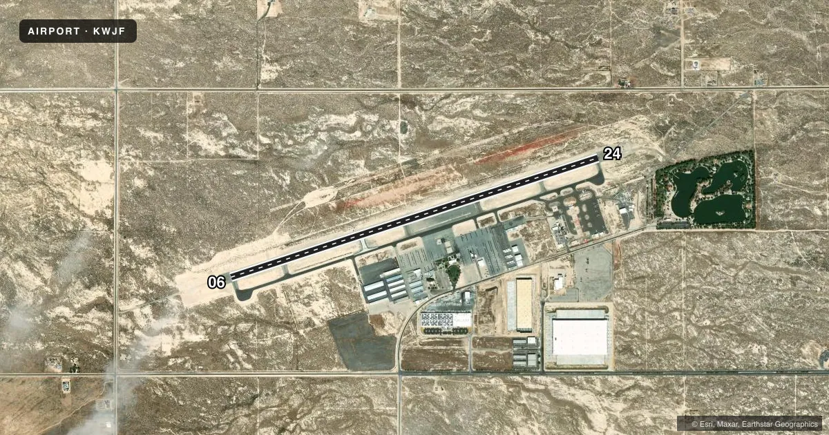 Top-down satellite sketch of KWJF GENERAL WM J FOX AIRFIELD in LANCASTER, CALIFORNIA, showing runways 06/24 drawn to scale over Esri World Imagery