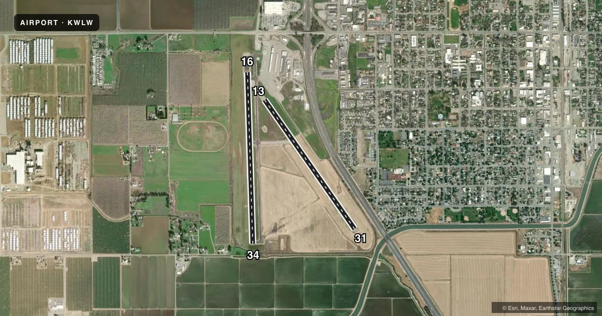 Top-down satellite sketch of KWLW WILLOWS/GLENN COUNTY in WILLOWS, CALIFORNIA, showing runways 16/34, 13/31 drawn to scale over Esri World Imagery