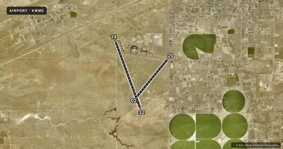Top-down satellite sketch of KWMC WINNEMUCCA MUNI in WINNEMUCCA, NEVADA, showing runways 14/32, 02/20 drawn to scale over Esri World Imagery