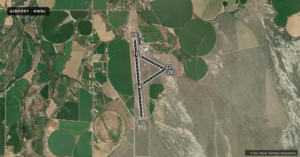 Top-down satellite sketch of KWRL WORLAND MUNI in WORLAND, WYOMING, showing runways 16/34, 10/28, 04/22 drawn to scale over Esri World Imagery