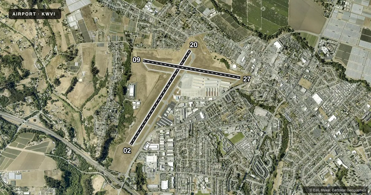 Top-down satellite sketch of KWVI WATSONVILLE MUNI in WATSONVILLE, CALIFORNIA, showing runways 02/20, 09/27 drawn to scale over Esri World Imagery