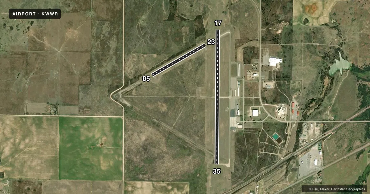 Top-down satellite sketch of KWWR WEST WOODWARD in WOODWARD, OKLAHOMA, showing runways 17/35, 05/23 drawn to scale over Esri World Imagery