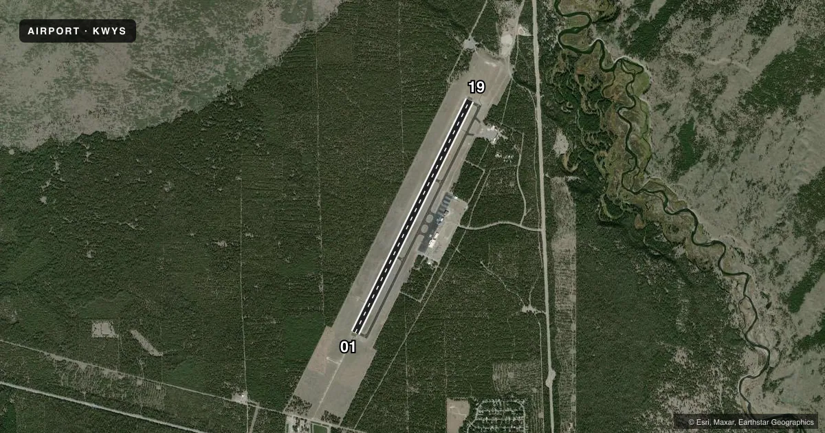 Top-down satellite sketch of KWYS YELLOWSTONE in WEST YELLOWSTONE, MONTANA, showing runways 01/19 drawn to scale over Esri World Imagery