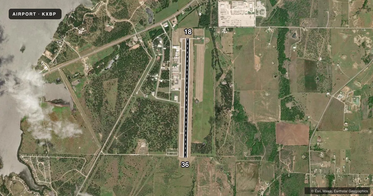 Top-down satellite sketch of KXBP BRIDGEPORT MUNI in BRIDGEPORT, TEXAS, showing runways 18/36 drawn to scale over Esri World Imagery