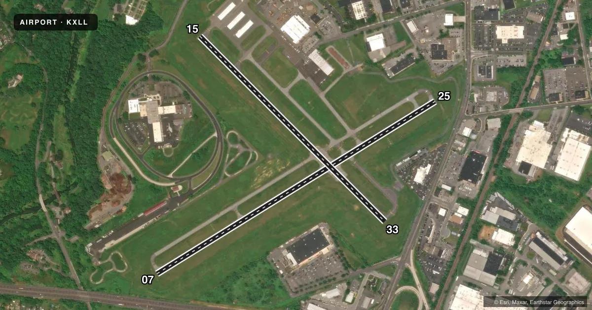 Top-down satellite sketch of KXLL ALLENTOWN QUEEN CITY MUNI in ALLENTOWN, PENNSYLVANIA, showing runways 07/25, 15/33 drawn to scale over Esri World Imagery