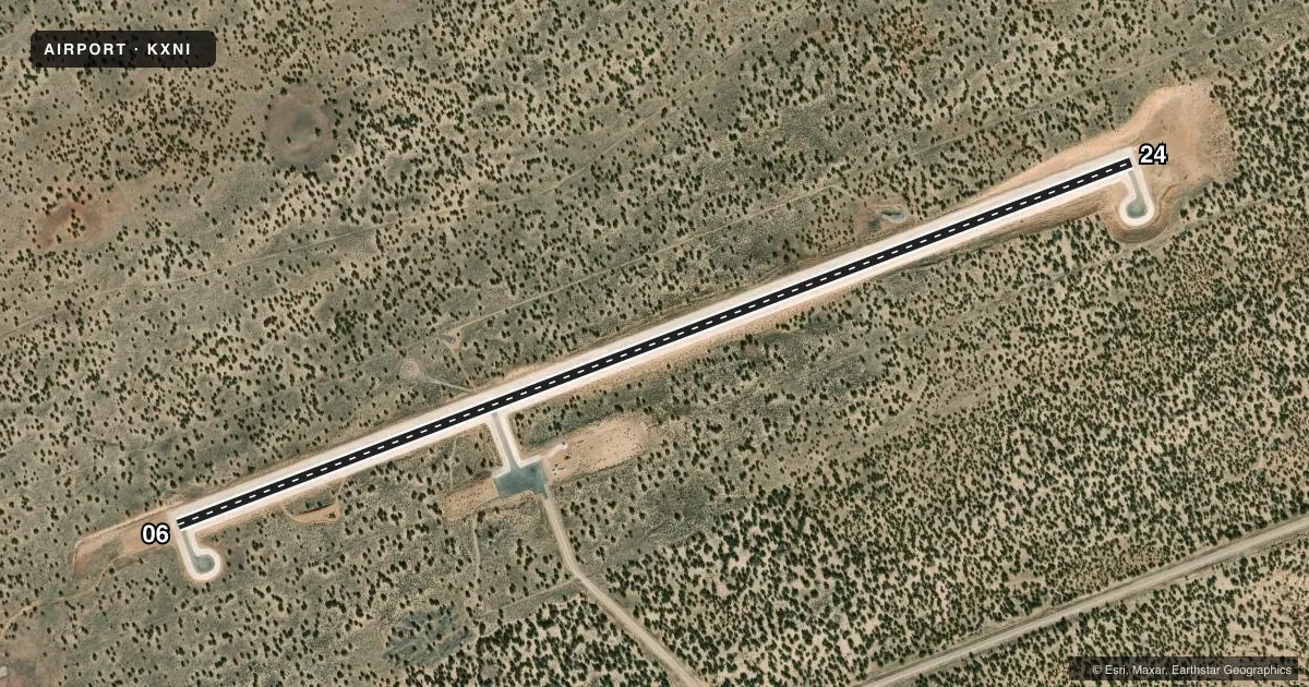 Top-down satellite sketch of KXNI ANDREW OTHOLE MEML in ZUNI, NEW MEXICO, showing runways 06/24 drawn to scale over Esri World Imagery