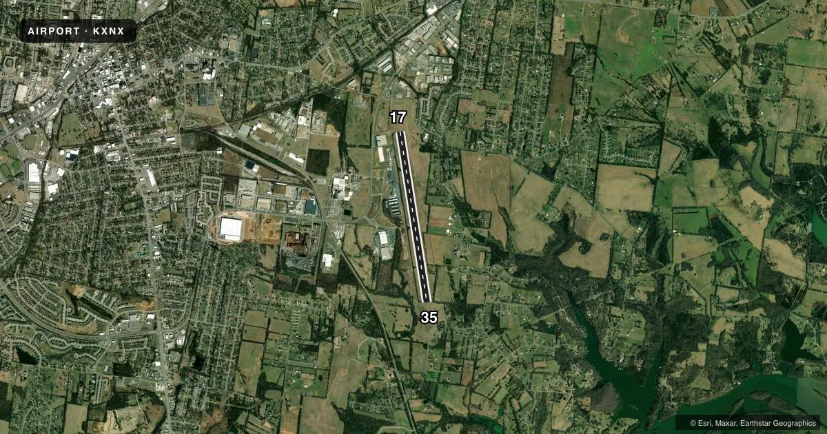 Top-down satellite sketch of KXNX MUSIC CITY EXEC in GALLATIN, TENNESSEE, showing runways 17/35 drawn to scale over Esri World Imagery