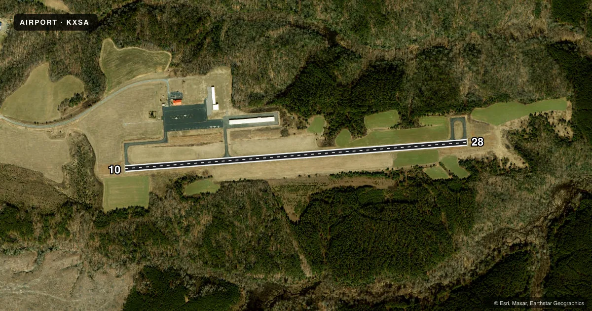 Top-down satellite sketch of KXSA TAPPAHANNOCK/ESSEX COUNTY in TAPPAHANNOCK, VIRGINIA, showing runways 10/28 drawn to scale over Esri World Imagery