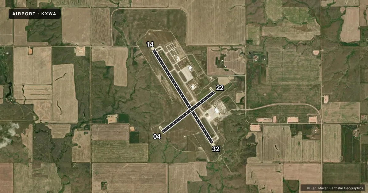 Top-down satellite sketch of KXWA WILLISTON BASIN INTL in WILLISTON, NORTH DAKOTA, showing runways 14/32, 04/22 drawn to scale over Esri World Imagery