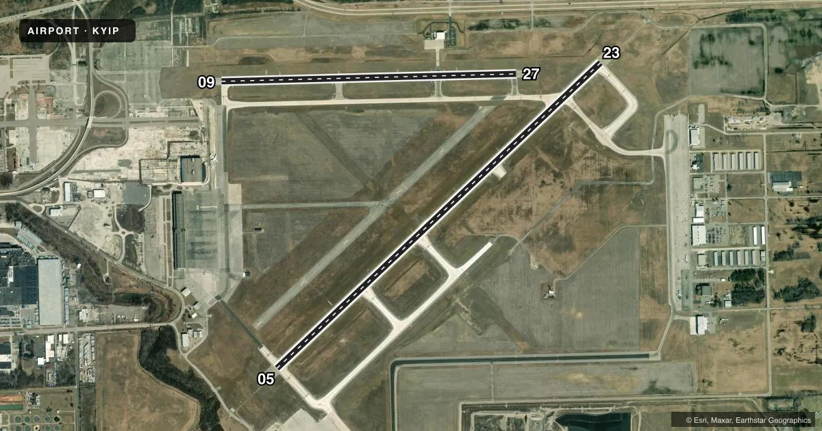 Top-down satellite sketch of KYIP WILLOW RUN in DETROIT, MICHIGAN, showing runways 05/23, 09/27 drawn to scale over Esri World Imagery